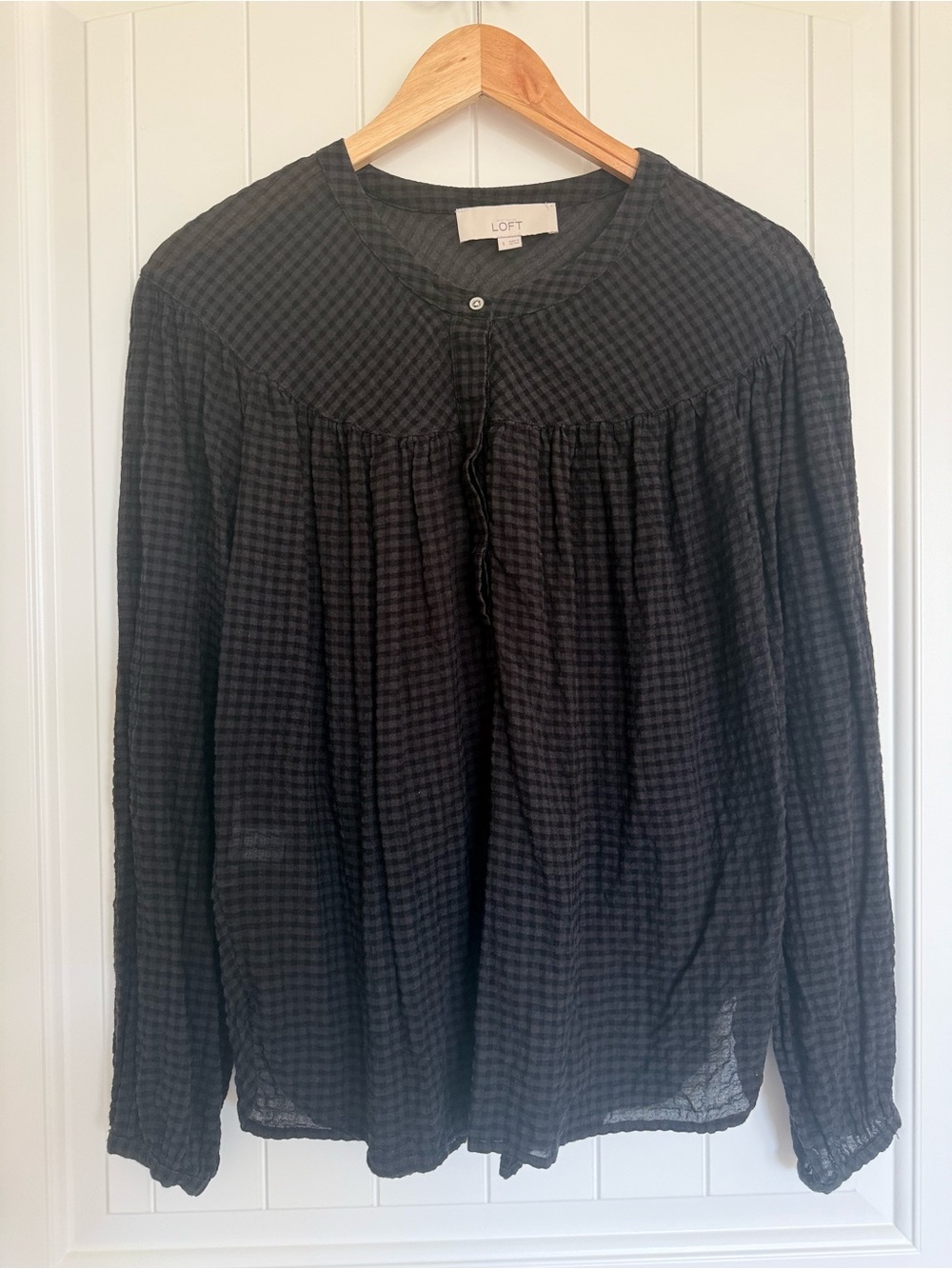 LOFT Black Plaid Gingham Balloon Sleeve Peasant Blouse Top Boho Button Front S